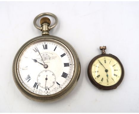 A white metal cased open faced pocket watch, Roman numerals to white enamel dial with subsidiary seconds at 6 o'clock and a l