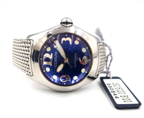 A Corum Bubble 163.150.20 mens watch in stainless steel case - 4cm across bezel with blue enamel dial - cased - running in sa