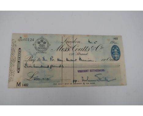 A Cheque from Coutts bank from Viscount Rothermere for £500 to the right Hon. Herbert Morrison 