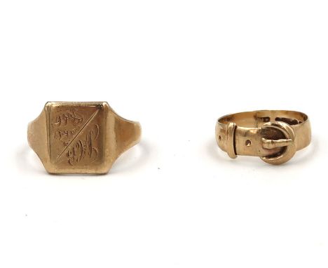 Two 9ct yellow gold hallmarked rings - one a signet with engraved mono to shoulder, ring size S/T - the other in the form of 