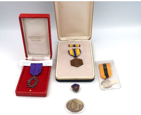 A Military merit medal, a silver French academic medal and a Securicor medal, a silver gilt wedding medallion, dated Feb 1860