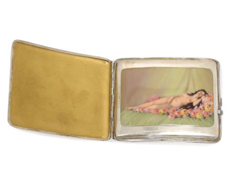 A Continental silver and enamel cigarette case with concealed erotic scene, late 19th / early 20th century, marked 900, the e