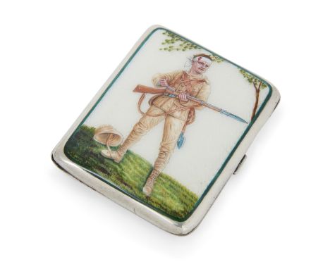 A silver and guilloche enamel cigarette case, Birmingham, 1899, Heinrich Levinger, with import mark, the cover with a Boer Wa