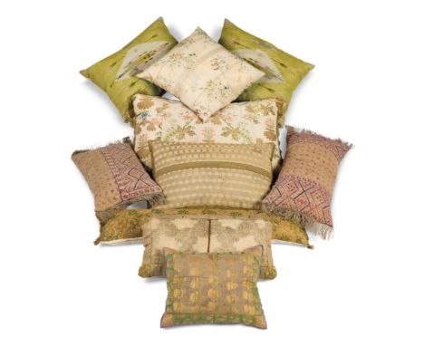 Ten scatter cushions, by Robert Kime Ltd, each covered in an antique textile, some in Indian cloth, others with metal thread 