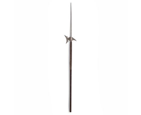 An Austrian halberd, late 16th century, with central tapering diamond section spike above a forward leaning curved axe-blade 