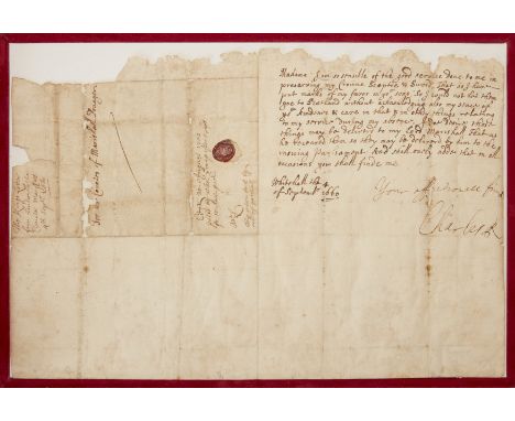Royal Interest; A Charles II letter, dated 1660, addressed to the Countess of Marischal thanking her for preserving his regal
