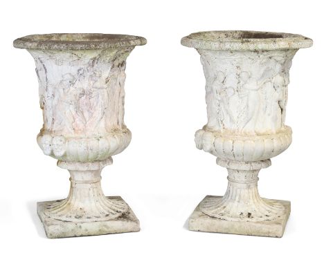 A pair composition stone models of the Borghese vase, after the Antique, second half 20th century, on fluted socles and squar