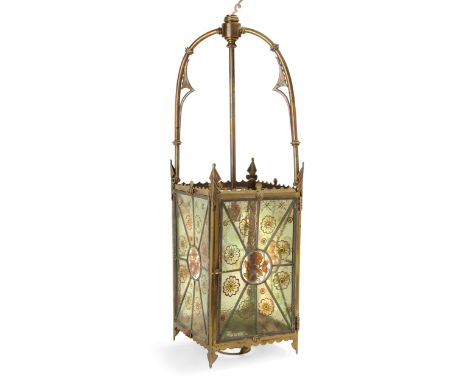 A Victorian brass and lead-framed stained glass hanging lantern, of Aesthetic style, c.1870, of rectangular form, the panels 