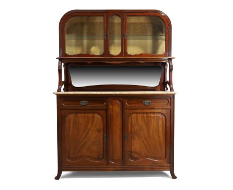 A French Art Nouveau mahogany buffet, last quarter 19th century, the top section with two bevelled glass doors above bevelled