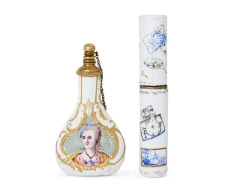 A George III Staffordshire gilt-brass mounted enamel scent bottle, third quarter 18th century, of flattened flask form, with 