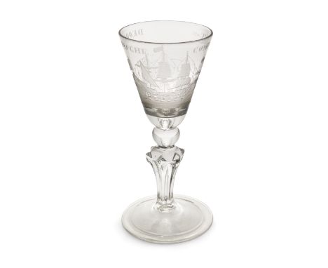 A Dutch-engraved Silesian-stemmed shipping goblet, c.1740, the funnel bowl finely engraved with a three-masted sailing ship f