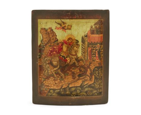 A Russian icon of St. George and the Dragon, late 19th century, the saint is depicted on a white horse killing the dragon whi