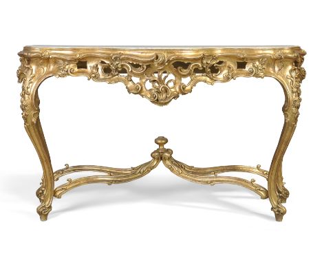 A French giltwood serpentine front console table, of Louis XV style, 20th century, the marble top above floral frieze, on cab