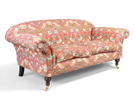 A modern sofa from the Sofa Workshop, with William Morris style "Strawberry Thief" upholstery, on turned front legs and casto