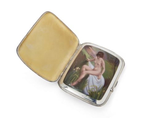 A Continental silver and enamel cigarette case with concealed erotic scene, early 20th century, marked 935, the gilded interi