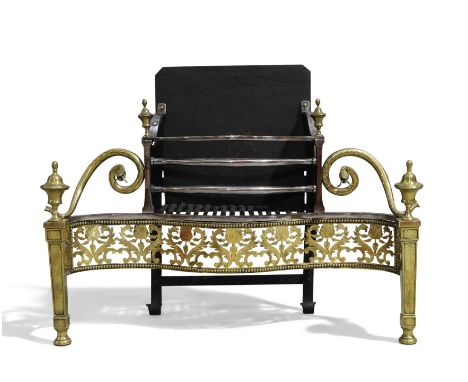 An English brass and wrought iron fire-grate, late 19th century, with pierced engraved serpentine frieze, the tapering uprigh