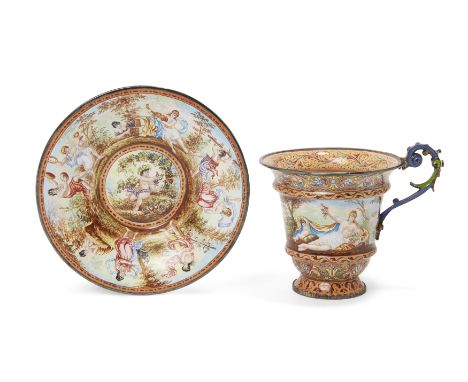 A Viennese enamel cup and saucer, c.1890, decorated overall with continuous mythical scenes, the cup - 7cm high, the saucer -