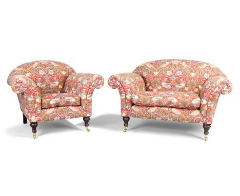 Two matching modern armchairs from the Sofa Workshop, with William Morris style "Strawberry Thief" upholstery, on turned fron