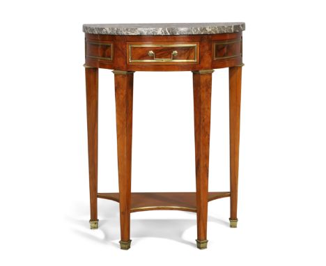 A French gilt-brass mounted walnut demi lune console table, 19th century, with marble top and single drawer, on square taperi