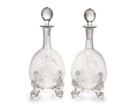 Two engraved crystal globe and shaft decanters, probably Thomas Webb & Sons, c.1870-80, with later stoppers, the bodies engra