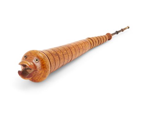 A burr maple smoking pipe, early 20th century, modelled as a fish with open mouth and articulated tail, with horn mouthpiece,