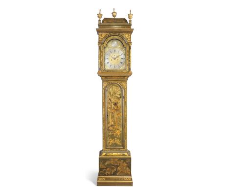 A George II green japanned longcase clock, by Thomas Moore, Ipswich, mid-18th century, the case decorated with gilt chinoiser