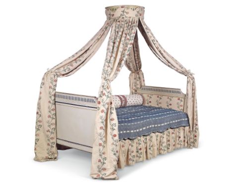 A Louis XVI parcel-gilt, cream and blue-painted lit en chaire a precher, last quarter 18th century, dressed by Robert Kime Lt