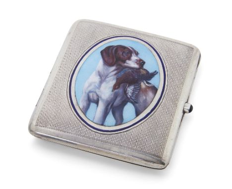 A Continental silver and enamel cigarette case, early 20th century, indistinct marks, the engine turned case with oval enamel