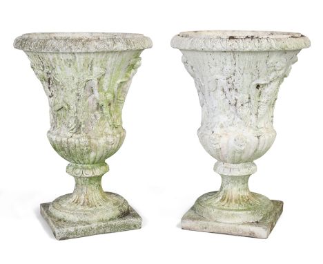 A pair composition stone models of the Borghese vase, after the Antique, second half 20th century, on fluted socles and squar