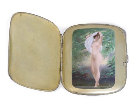 A German silver and enamel cigarette case with concealed erotic scene, early 20th century, marked 835, the gilded interior wi