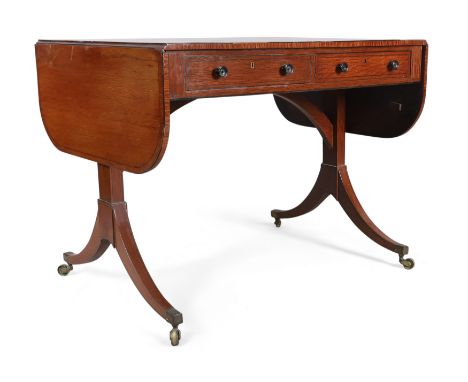 A George III ebony inlaid mahogany sofa table, last quarter 18th century, the drop leaf top above one drawer and one faux dra