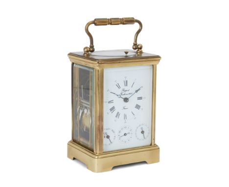 A modern French gilt-brass repeating carriage clock, the white enamel dial marked Rapport Fondee en 1900, with Roman and Arab