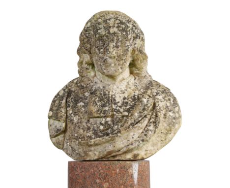 An English marble bust of John Milton, first half 19th century, modelled with flowing hair, 55cm high, on an associated rouge