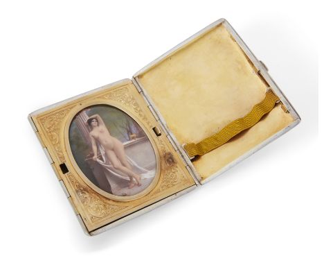 A silver and enamel combination cigarette case with concealed erotic scene and mirror, late 19th / early 20th century, unmark