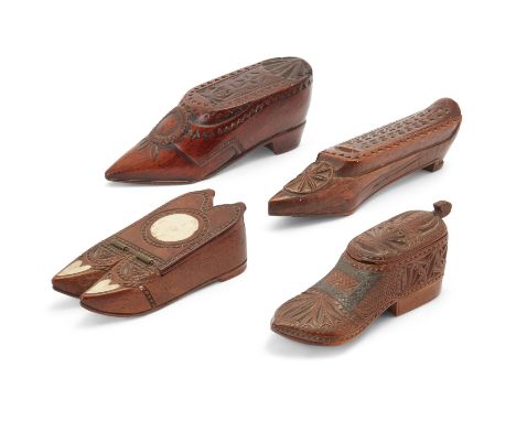 A group of four chip-carved treen shoe snuff boxes, probably Dutch, early 19th century, three with sliding lids, one as a dou