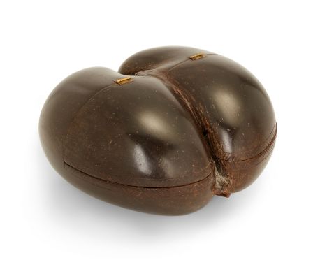 A coco-de-mer (lodoicea maldivica) box, with hinged lid and incised decoration to the opening, 32cm highCondition Report:  Th
