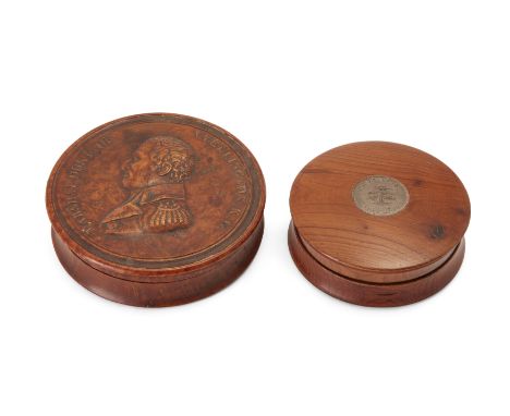 A pressed maple snuff box, early 19th century, the lid in relief with a portrait of the Duke of Wellington and MARSHALL DUKE 