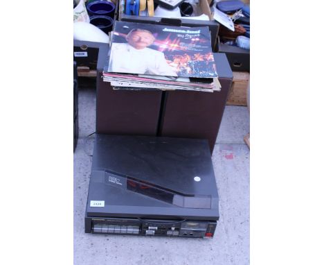 A PANASONIC RECORD PLAYER, A PAIR OF SPEAKERS AND AN ASSORTMENT OF RECORDS