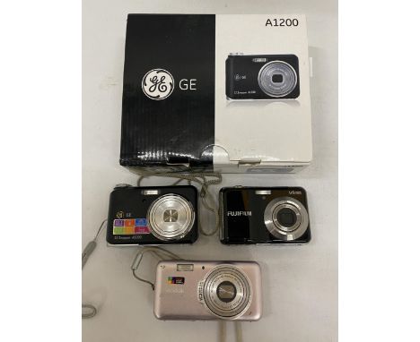 THREE CAMERAS TO INCLUDE A BOXED A1200 DIGITAL CAMERA, A KODAK V1003 AND A FUJIFILM AV150