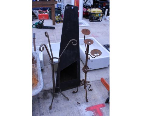 A WROUGHT IRON CANDLESTICK, A METAL STAND AND A CHIMENEA ETC