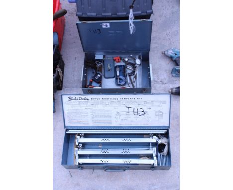 A BLACK AND DECKER HINGE MORTISING TEMPLATE AND AN ASSORTMENT OF ENGINEERS TOOLS ETC