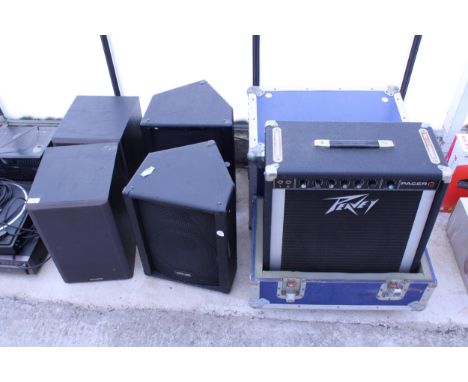 A PAIR OF GENEXXA SPEAKERS, A PEAVEY AMPLIFIER AND TWO SMALLER AMPLIFIERS ETC