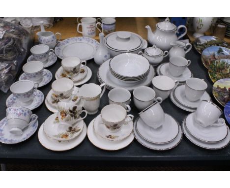 A LARGE QUANTITY OF TEA AND DINNER WARE TO INCLUDE A TEAPOT, CREAM JUGS, SUGAR BOWL, SERVING TUREEN, PLATES, BOWLS, CUPS, SAU