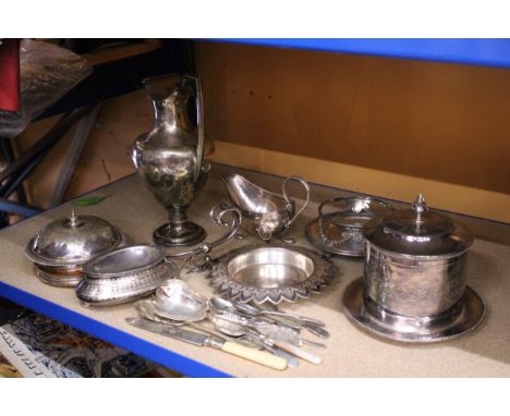 A QUANTITY OF SILVERPLATE TO INCLUDE A WINE EWER, A JAMES DIXON &amp; SON HINGED BISCUIT JAR/TEA CADDY, SAUCE BOAT, ETC.,