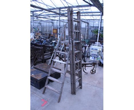 A FIVE RUNG ALUMINIUM STEP LADDER, A VINTAGE WOODEN STEP LADDER AND A WOODEN EXTENDING LADDER
