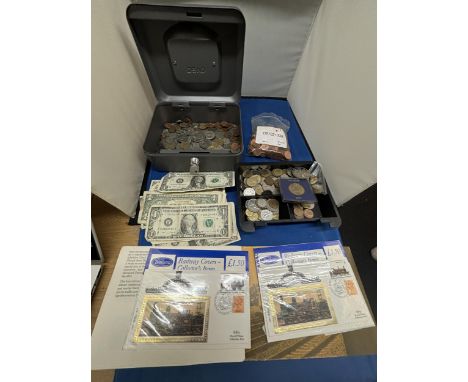 A LARGE COLLECTION OF GREAT BRITIAN AND FOREIGN COINS AND UNITED STATES OF AMERICA NOTES AND RAILWAYS FIRST COVER