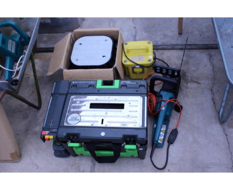 AN ASSORTMENT OF TOOLS TO INCLUDE A CEL POWER8 WORKSHOP, AN ELECTRIC HEDGE TRIMMER AND A 110V TRANSFORMER ETC