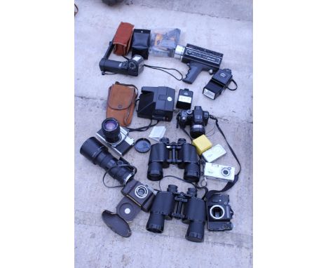 AN ASSORTMENT OF PHOTOGRAPHY EQUIPMENT TO INCLUDE FLASHES, A POLAROID CAMERA AND BINOCULARS ETC