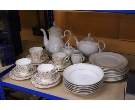 A COLLECTION OF CHINA PLATES, SIDE PLATES, BOWLS, A TEA POT, COFFEE POT, CREAM JUG, SUGAR BOWL, CUPS AND SAUCERS - VARIOUS DE