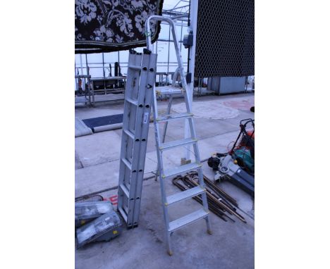A FIVE RUNG ALUMINIUM STEP LADDER AND A FURTHER EXTENDING LADDER
